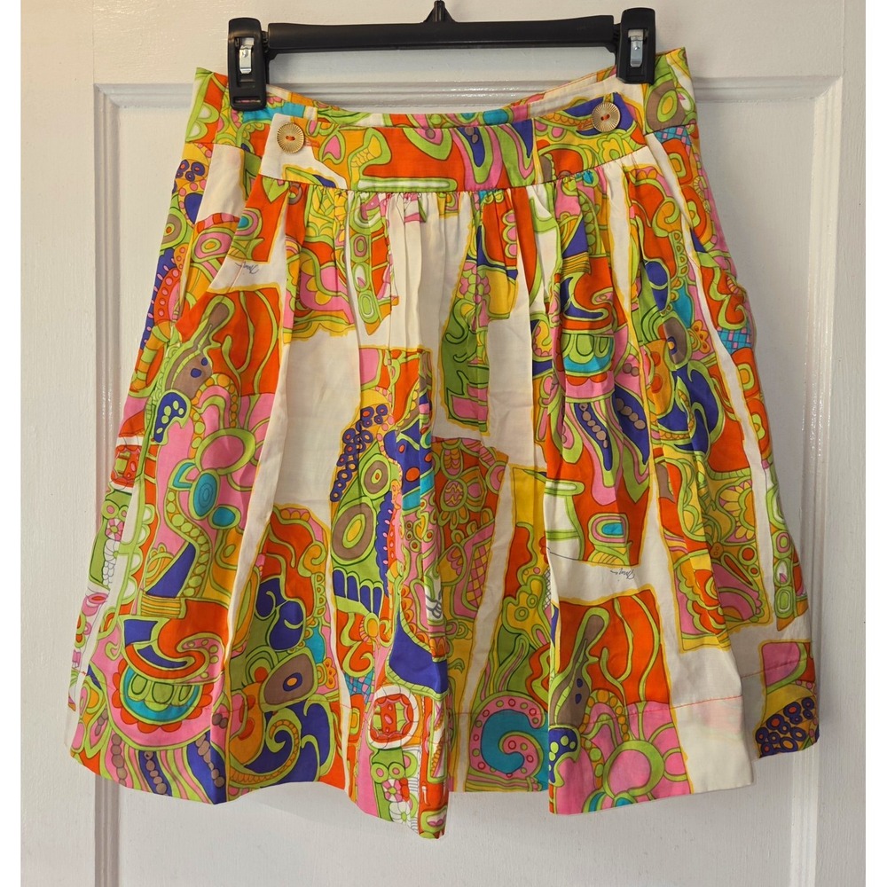 Trina Turk Women's Multicolor Abstract Pleated Skirt Button Accents Size 2